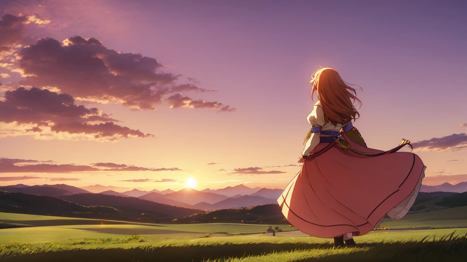 A 16:9 anime-style illustration depicting a female bard on her journey at sunset. The bard is dressed in flowing, colorful attire, with a musical instrument, such as a lute or harp, slung over her back. She is walking along a path through a vast grassland, with the warm glow of the setting sun casting long shadows. The wind is gently blowing, causing her hair and clothes to flutter. The background features rolling hills, distant mountains, and a sky painted with vibrant hues of orange, pink, and purple. The atmosphere is serene and full of adventure.