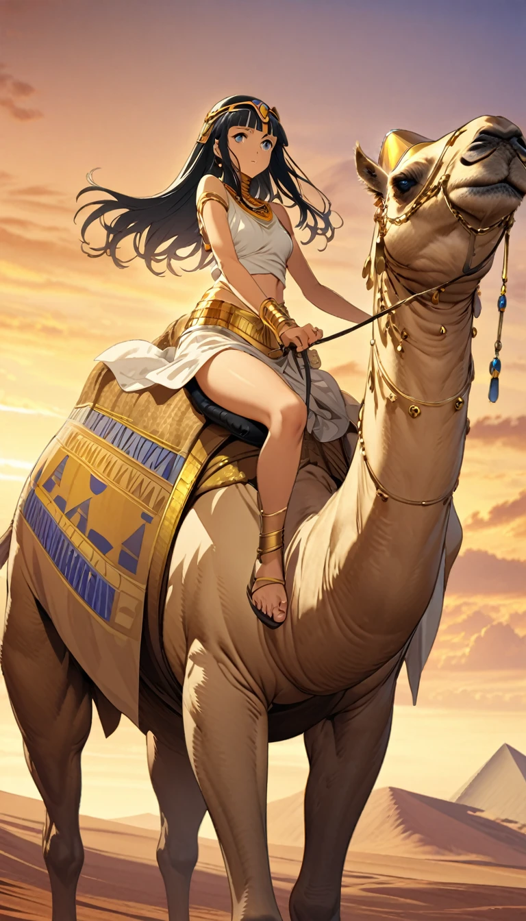 Desert Princess，Riding a camel，Egyptian style，style，Gold Jewelry，High Saturation，CG Art， Makoto Shinkai&#39;s photo, pure, Concept Art, Lofi Art style，新海诚动画艺术style, Lofi Art, Beautiful anime scene, Anime Landscape, Detailed scenery, 新海诚的style, 新海诚的style, Enhance Details