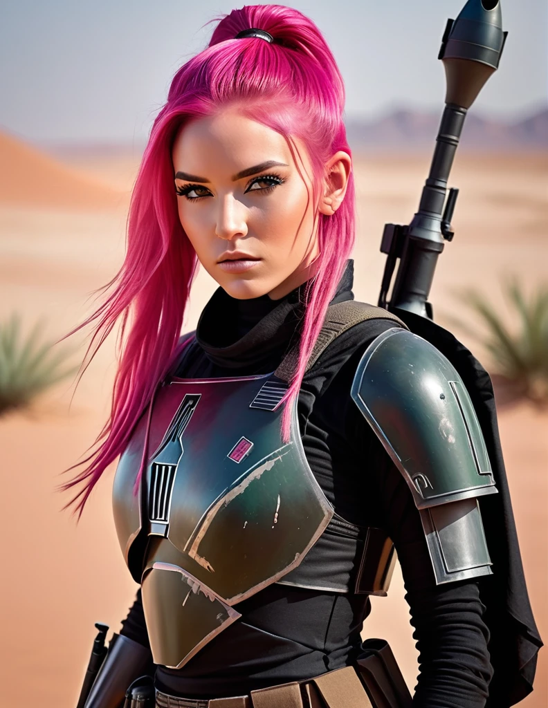very attractive 25 year old female with long bright pink hair,realistic photo in 8k of a 25-year-old female, bright pink hair, slicked in tight ponytail, dressed in a black RPG warrior mandalorian full body armor, standing in the middle of desert with the sniper rifle held to her face, shooting to the target outside the frame, hyperdetailed face, profile picture of whole body, expression of focus, art style realistic star wars, raw photo, shallow depthbof fields