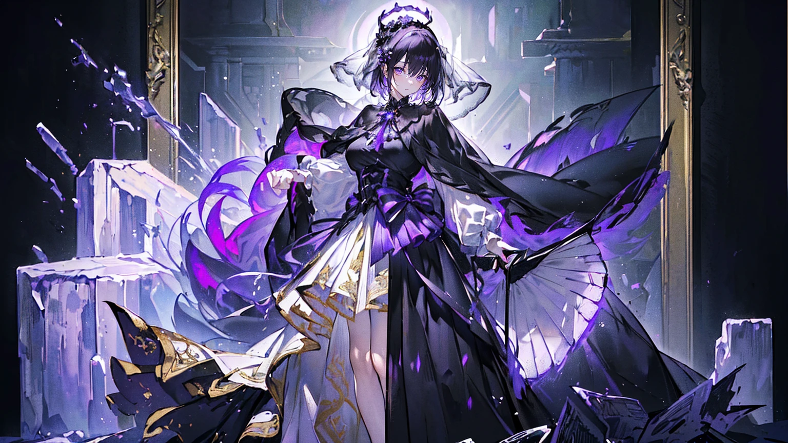 (Super detailed)),((illustration)),((masterpiece)),(((need))),((fine、Highest quality CG Unity 8K wallpapers,masterpiece),((4K,masterpiece,best quality)),Black hair queen,Waist-length hair,Royal sister,Sexy,Tall figure,Lilac eyes,Standing upright in a coffin,Mature,Hair Bunch,Hair tied on both sides,Black and gold gauze robe,Black and purple French vintage clothing,Gorgeous pure black cape,Black veil,Purple-white halo,Black and purple high heels,Wearing a crown on the head,Holding a knight's sword,pyramid,Emitting dim purple light,Brilliant palace,The deep sea is filled with coffins,Mysterious symbols,individual,Full body picture