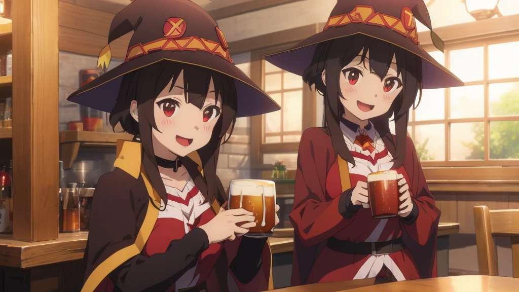 Megumin and Yunyun from the anime "Konosuba" are sitting at the tavern counter, both looking very pleased and smiling happily. Megumin is wearing her usual outfit, which consists of a black cloak, red robe, orange boots, and a black wizard's hat. She has shoulder-length dark brown hair and strange dark crimson eyes. The two girls are holding large wooden mugs filled with foamy beer.
