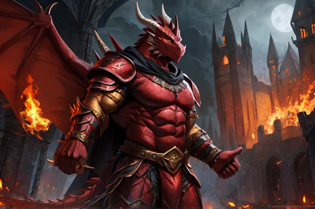 large attractive muscular male anthro dark red dragon Massive, extremely muscular, big scaled male pectorals, looks protective and possessive, seductive, sexy, wearing spiky armor, large muscles, yellow dragon eyes, dragon wings, red horns pointing backwards with spiked scales, big crotch, Black cape with Viking runes, two red metal shoulder pads with straps on the elbows, red metal bracelets with gold decorations on the wrists, with a hood covering his face, sideview alone, in a dark midnight, medieval ,destroyed castle in flames, fog, midnight dark ambient