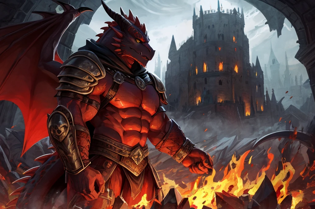 large attractive muscular male anthro dark red dragon Massive, extremely muscular, big scaled male pectorals, looks protective and possessive, seductive, sexy, wearing spiky armor, large muscles, yellow dragon eyes, dragon wings, red horns pointing backwards with spiked scales, big crotch, Black cape with Viking runes, two red metal shoulder pads with straps on the elbows, red metal bracelets with gold decorations on the wrists, with a hood covering his face, sideview alone, in a dark midnight, medieval ,destroyed castle in flames, fog, midnight dark ambient