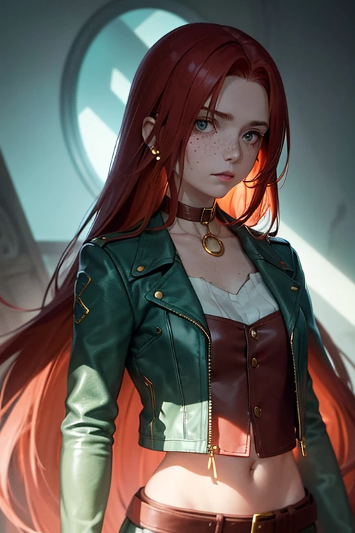 1 23 year old girl,fair skin with freckles on the face , with long red hair, gold eyes/ yellows  , wearing a small, delicate blue choker and a short brown leather jacket, wearing a dark green blouse, on a dark background, mocking facial squeezing, slim body