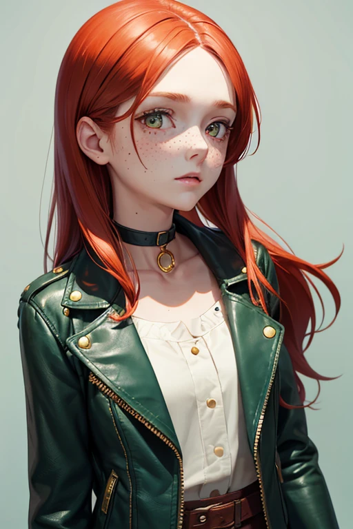 1 23 year old girl,fair skin with freckles on the face , with long red hair, gold eyes/ yellows  , wearing a small, delicate blue choker and a short brown leather jacket, wearing a dark green blouse, on a dark background, mocking facial squeezing, slim body