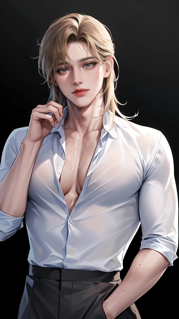 (masterpiece, High resolution, Super detailed:1.0), (1 man, Adult male, 27 years old, Smooth and attractive face), Very tall, just the right amount of muscles, Detailed face, (blonde brown hair, medium long hair, Center-parted bangs), (blue eyes, droopy eyes, long eyelashes), (wearing half-open white shirt, black and gray cotton pants, shows some skin), (sweat, playful, seductive smile: 1.3), ( light black background, front, facing audience), (SuperQuality:1.0)