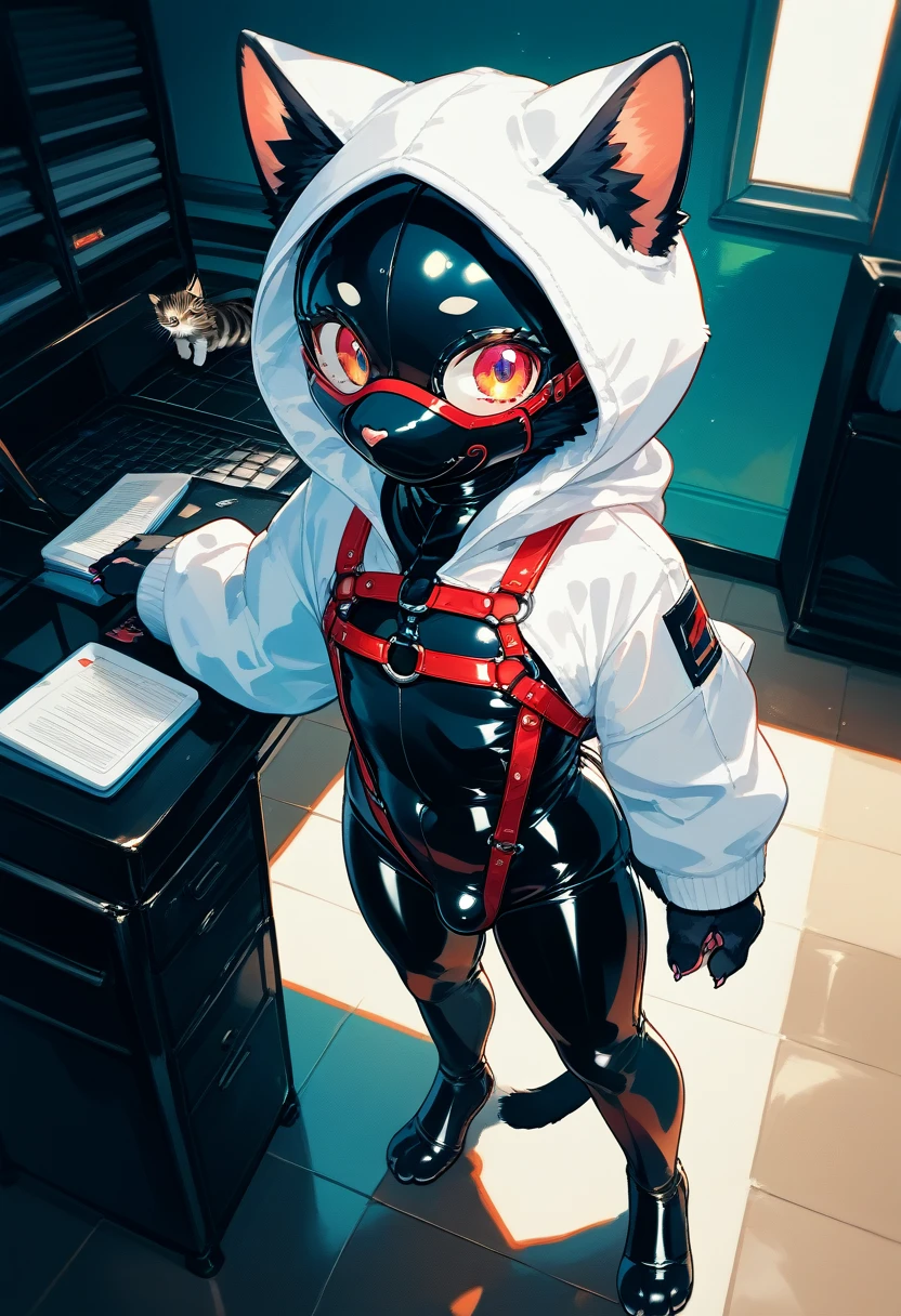 Highest quality, Highest quality, High quality illustrations, masterpiece, Ultra-high resolution, Detailed Background, room, Absurd, Perfect Anatomy, performance, Good lighting, Shadows in the movies(kemono, Furry PersonifiCation), Cat, Black Skin, Rubber suit, Rubber suit, latex, neon, neonライト, neonカラー, White Rubber Hoodie, Rubber mask, Red harness, juvenile, null bulge, From above