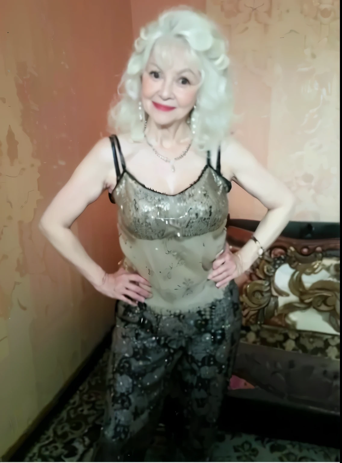 Beautiful old woman, smile,sexy,80 years old, curly hair,sexy,wearing a pearl necklace,Beautiful older woman, cute,smile,sexy,80 years old,,sexy,wearing a pearl necklaceold woman,busty,long Curly hair