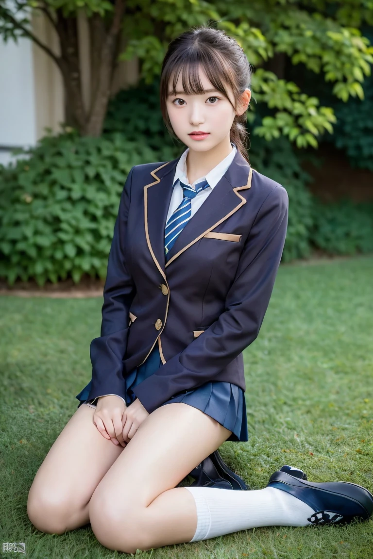 high detail、high quality、8K Photo、Japanese high school girls、One beautiful girl、In uniform、(Brown blazer、Blue checked pleated skirt、Navy blue knee socks、Brown Loafers、ponytail、Double eyelids、White panties)、(Sitting on the grass、Raise your knees and sit with your buttocks on the ground1.5)