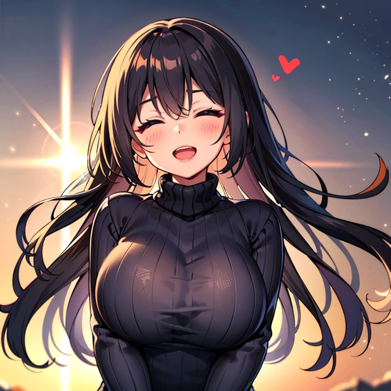 high school girl, Wear a cozy sweater, Upper Body, (LOL:1.1), (Open your mouth:1.1), (Eyes Wide Open:1.2), Sun glare, Bokeh, Depth of written boundary, Blurred Background, Particles of light, Strong winds, (Heart Particles:1.1), Big Breasts, Wide hips