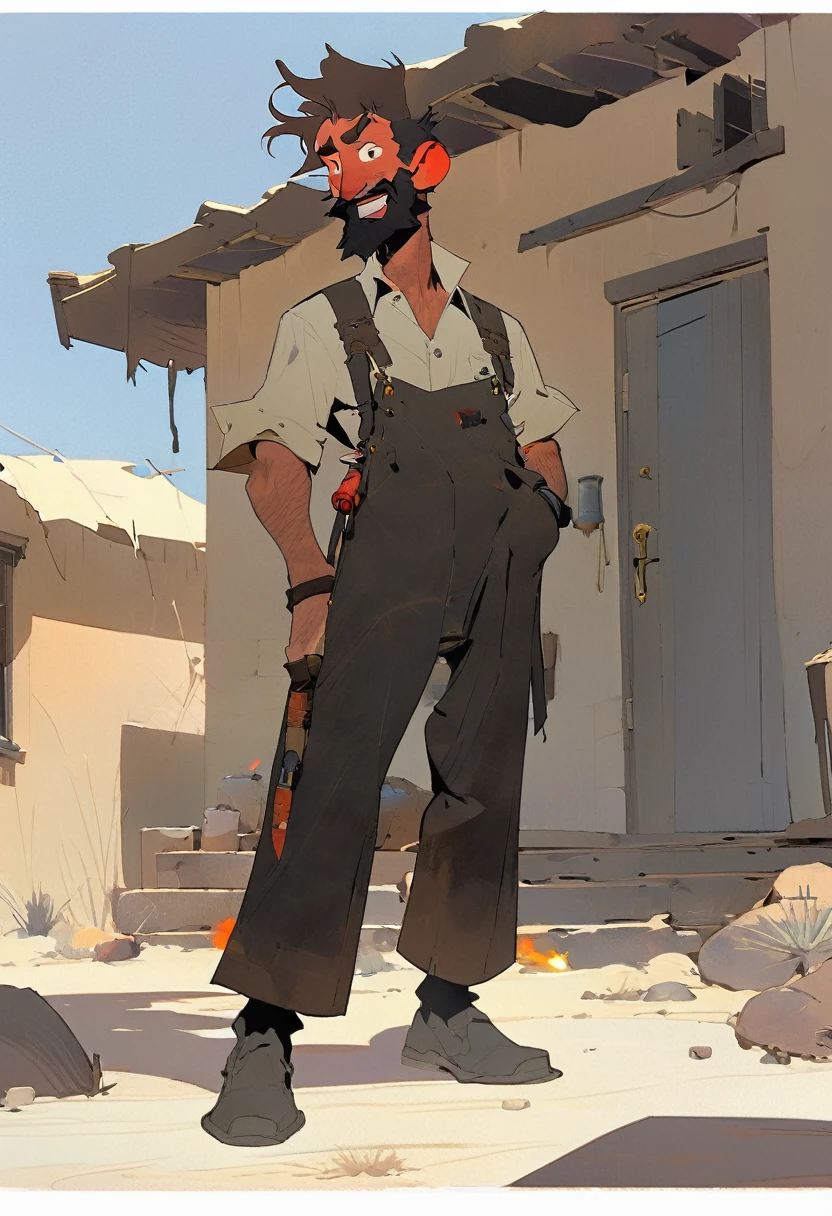 score_9, score_8_up, score_7_up, score_6_up, score_5_up, score_4_up, 2man, Western, Desert, red sun, scorching sun, arid, Horizon, far away, black wavy Messy hair, burnt hair, Leather apron, White button-down shirt, black pants patched, Failed beard, young adult, Thin, full body, Holding a Dynamite bomb, outside a house in the desert, Dirty with soot, Laughing, explosives, dynamite, Hunchback, Poorly groomed beard, failed beard, Fire, Embers, ashes, cartoon, Having fun