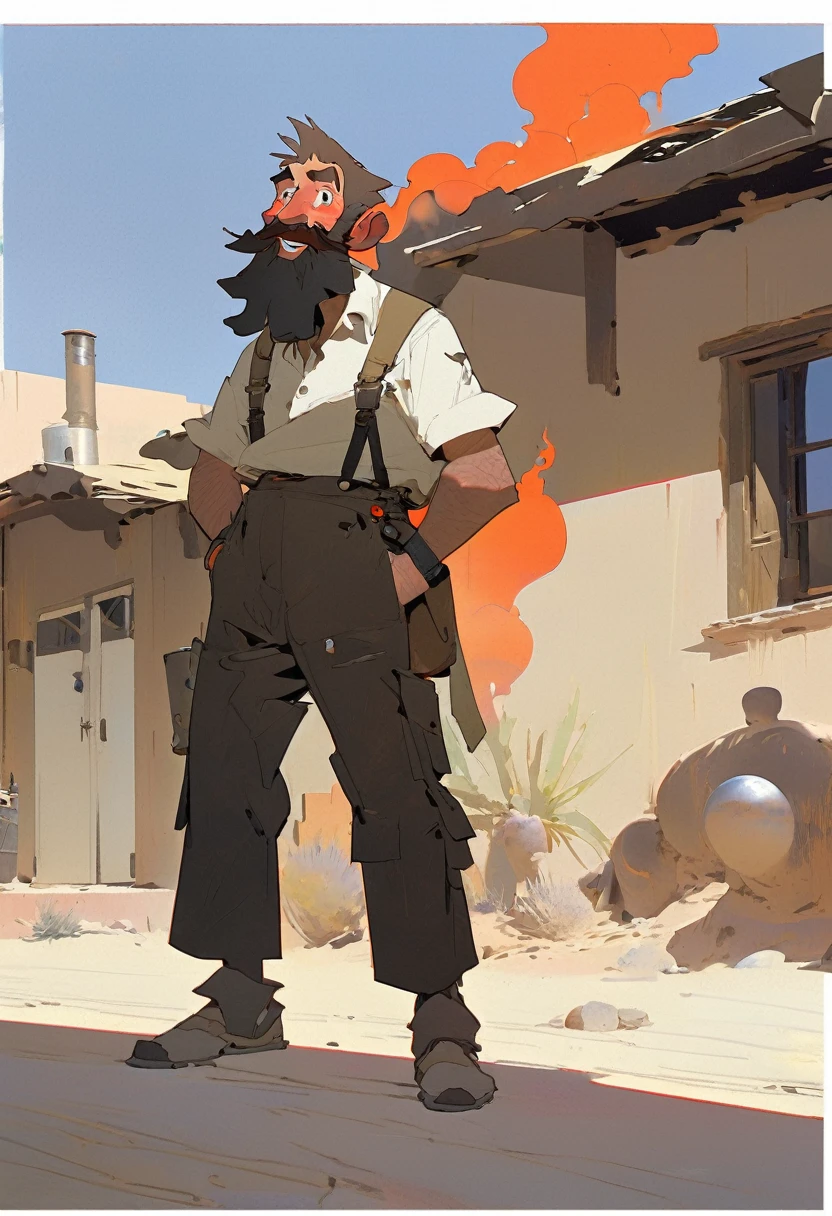 score_9, score_8_up, score_7_up, score_6_up, score_5_up, score_4_up, 2man, Western, Desert, red sun, scorching sun, arid, Horizon, far away, black wavy Messy hair, burnt hair, Leather apron, White button-down shirt, black pants patched, Failed beard, young adult, Thin, full body, Holding a Dynamite bomb, outside a house in the desert, Dirty with soot, Laughing, explosives, dynamite, Hunchback, Poorly groomed beard, failed beard, Fire, Embers, ashes, cartoon, Having fun