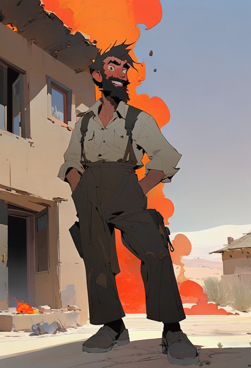 score_9, score_8_up, score_7_up, score_6_up, score_5_up, score_4_up, 2man, Western, Desert, red sun, scorching sun, arid, Horizon, far away, black wavy Messy hair, burnt hair, Leather apron, White button-down shirt, black pants patched, Failed beard, young adult, Thin, full body, Holding a Dynamite bomb, outside a house in the desert, Dirty with soot, Laughing, explosives, dynamite, Hunchback, Poorly groomed beard, failed beard, Fire, Embers, ashes, cartoon, Having fun 