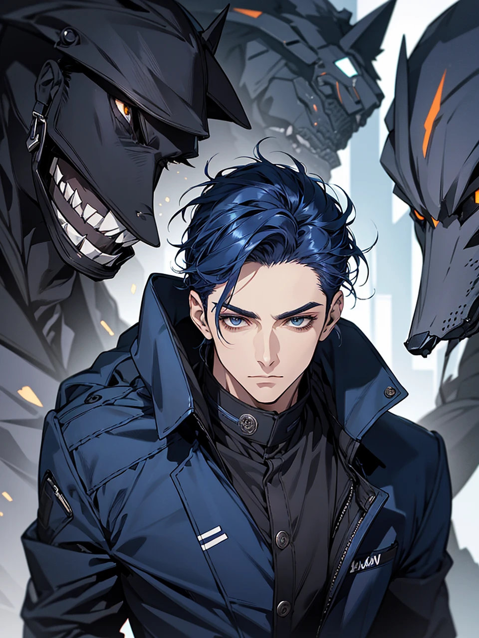 masterpiece, highest quality, confused, male,dark blue hair, low ponytail,Black and navy blue pilot suit,expensive,,Carrying Wolves,He has a dark blue coat draped over his shoulders.,There'there's no one behind me,dark blue eyes,Smile a little,Being with the wolves