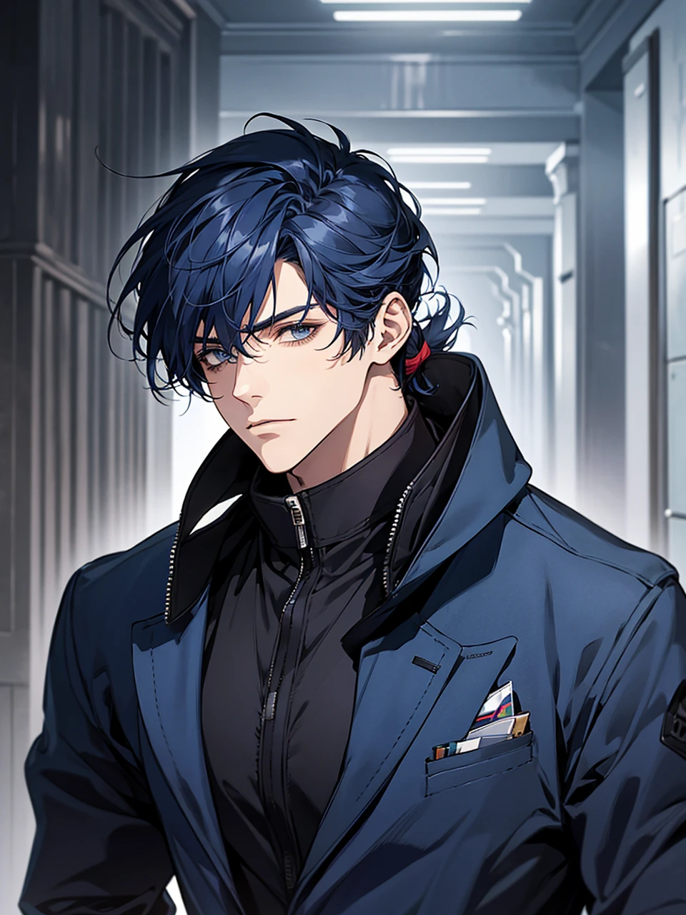 masterpiece, highest quality, confused, male,dark blue hair, low ponytail,Black and navy blue pilot suit,expensive,,Carrying Wolves,He has a dark blue coat draped over his shoulders.,There'there's no one behind me,dark blue eyes,Smile a little,Being with the wolves