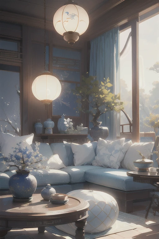 (antique interior design), Chinese home furnishings, round porch, depth, symmetrical design, ((antique carved door beams, carved beam paintings, tables and chairs, bonsai, vases, porcelain, trees, flowers, Chinese lamps, embroidery, screens, beds, cushions, blue sand curtains)), exquisite home, rich details, ancient Chinese Ming Dynasty style, quiet and elegant atmosphere, blue tones as the keynote, exquisite and soft painting style, cinematic lighting effects, HD picture quality, soft light, Tyndall effect, dreamy, rich details, Reference Gu Kaizhi, 32k, high quality, high resolution, (very detailed CG unity 8k wallpaper)