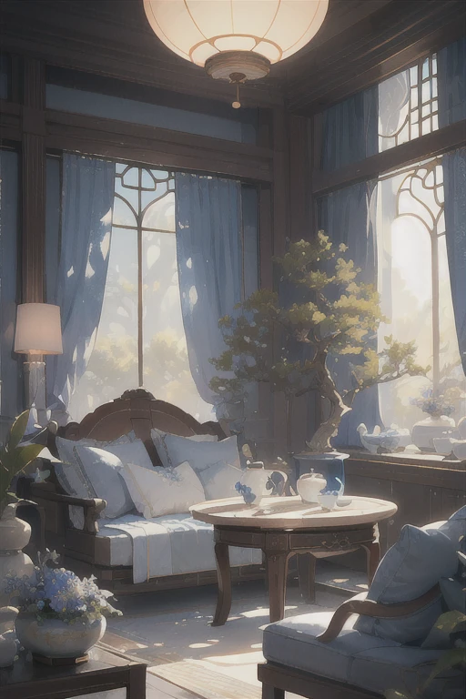 (antique interior design), Chinese home furnishings, round porch, depth, symmetrical design, ((antique carved door beams, carved beam paintings, tables and chairs, bonsai, vases, porcelain, trees, flowers, Chinese lamps, embroidery, screens, beds, cushions, blue sand curtains)), exquisite home, rich details, ancient Chinese Ming Dynasty style, quiet and elegant atmosphere, blue tones as the keynote, exquisite and soft painting style, cinematic lighting effects, HD picture quality, soft light, Tyndall effect, dreamy, rich details, Reference Gu Kaizhi, 32k, high quality, high resolution, (very detailed CG unity 8k wallpaper)