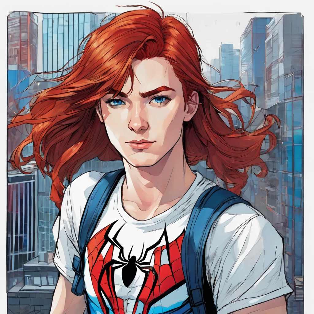Make me a picture of a red-haired boy, white-skinned, red hair, blue colored eyes, and effeminate structure, and wearing a short white top t-shirt showing her slim waist with a heart design with Spiderman's face in the center of the t-shirt and jeans.