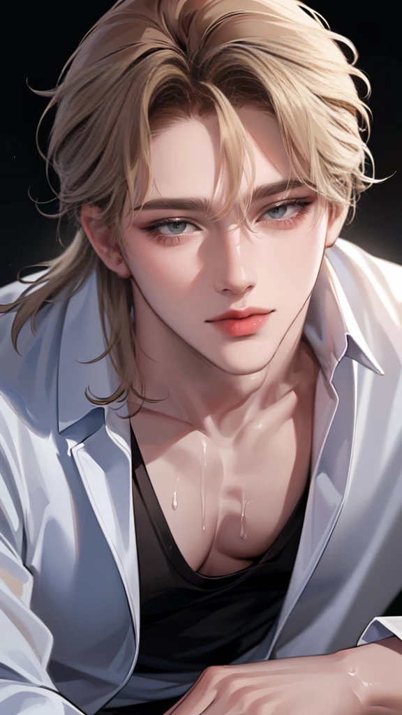 (masterpiece, High resolution, Super detailed:1.0), (1 man, Adult male, 27 years old, Smooth and attractive face), Very tall, just the right amount of muscles, Detailed face, (blonde brown hair, medium long hair, Center-parted bangs), (blue eyes, droopy eyes, long eyelashes), (wearing half-open white shirt, black and gray cotton pants, shows some skin), (sweat, playful, seductive smile: 1.3), ( light black background, front, facing audience), (SuperQuality:1.0)