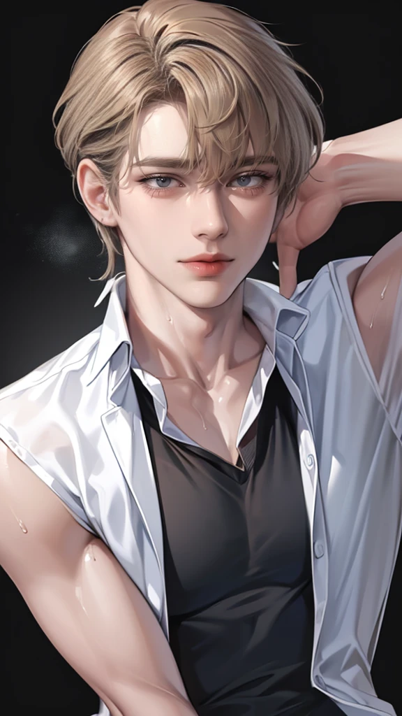 (masterpiece, High resolution, Super detailed:1.0), (1 man, Adult male, 27 years old, Smooth and attractive face), Very tall, just the right amount of muscles, Detailed face, (blonde brown hair, medium long hair, Center-parted bangs), (blue eyes, droopy eyes, long eyelashes), (wearing half-open white shirt, black and gray cotton pants, shows some skin), (sweat, playful, seductive smile: 1.3), ( light black background, front, facing audience), (SuperQuality:1.0)