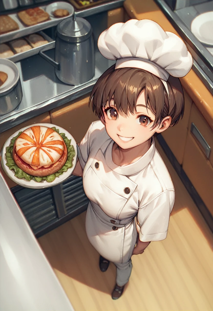 (((Extreme Close-up　smile　High angle　Chef's clothes)))　((Brown eyes　short hair　Receiving the light　Rainbow Light　cooking))　(Steak shop restaurant interior)