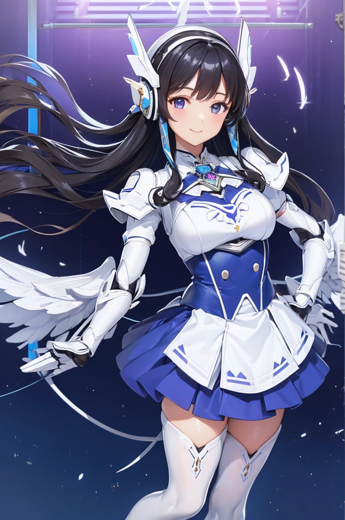 Mecha Wings、White and blue skirt、Accentuated thighs、White tights、chest、Beautiful black hair、1 girl、solo girl、Thick thighs、is、Frame Arms Girl、Alice Gere Aegis、White Armor、Blue and purple lines、income、headphone、hand on own chest、smile、idol costume