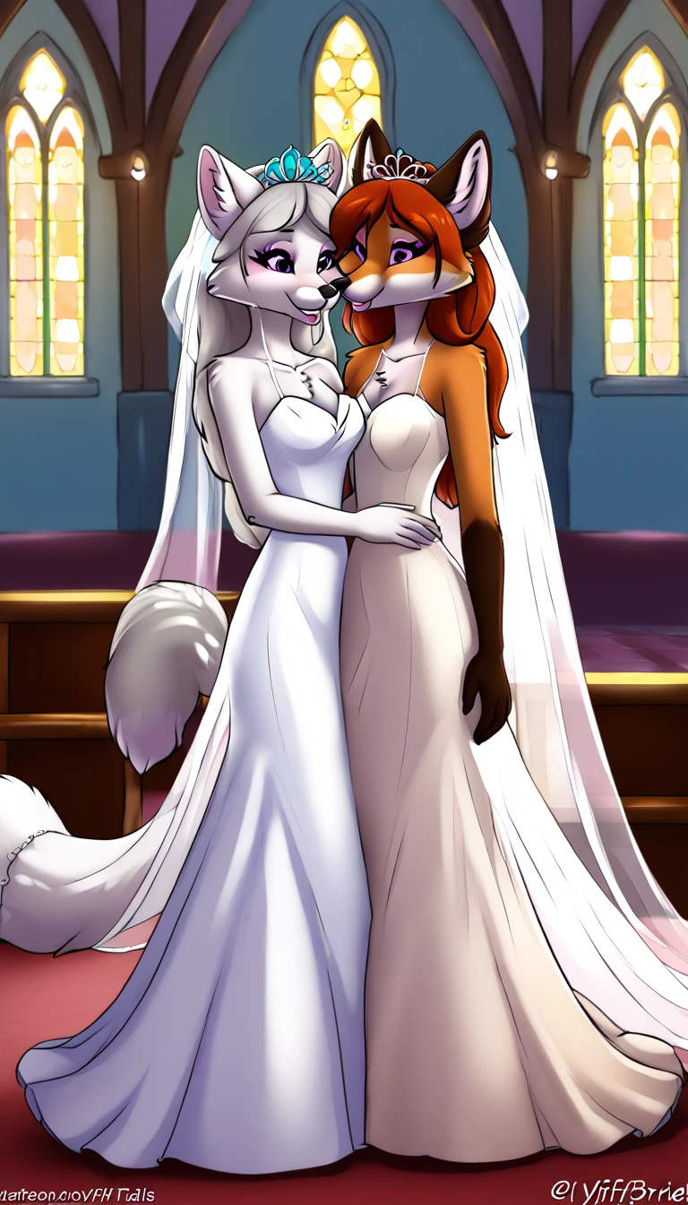 furry fox tails yiff bride  lesbian & lesbian women & women & wedding dress wedding dress   wedding dress  veil tiara chapel,