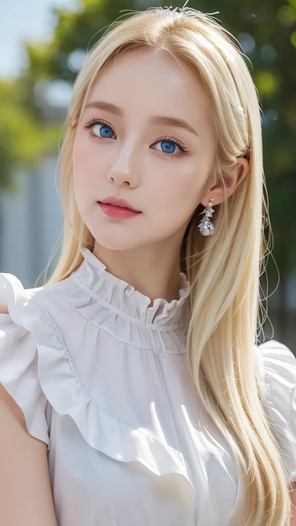 (((White Blonde、forehead、White background、Frilled blouse、round face、Northern Europe、Russia、)))、Beautiful and fair、Glowing Skin, 3 Up, nice, bright, Refreshing and gentle look, Perfect beautiful face、White Blondeのロングヘア，Beautiful shiny bangs, Very beautiful girl, eyeliner, So perfect and beautiful、Lovely large, clear, sky-blue eyes，Very large breastuscular body，