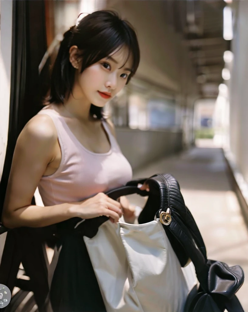 In the Shade、Crouching、Lower your gaze、Look inside the grey bag、Check the documents、Young and beautiful、Sexy、Super busty、Insurance saleswoman。she、With short black hair、Wearing a pale pink, see-through sleeveless shirt、From the side of the sleeveless top、Her bra is visible。She was wearing an off-white tight see-through miniskirt.、The exposed thighs are troubling。she、With a round face、drooping eyes、Cute beauty。