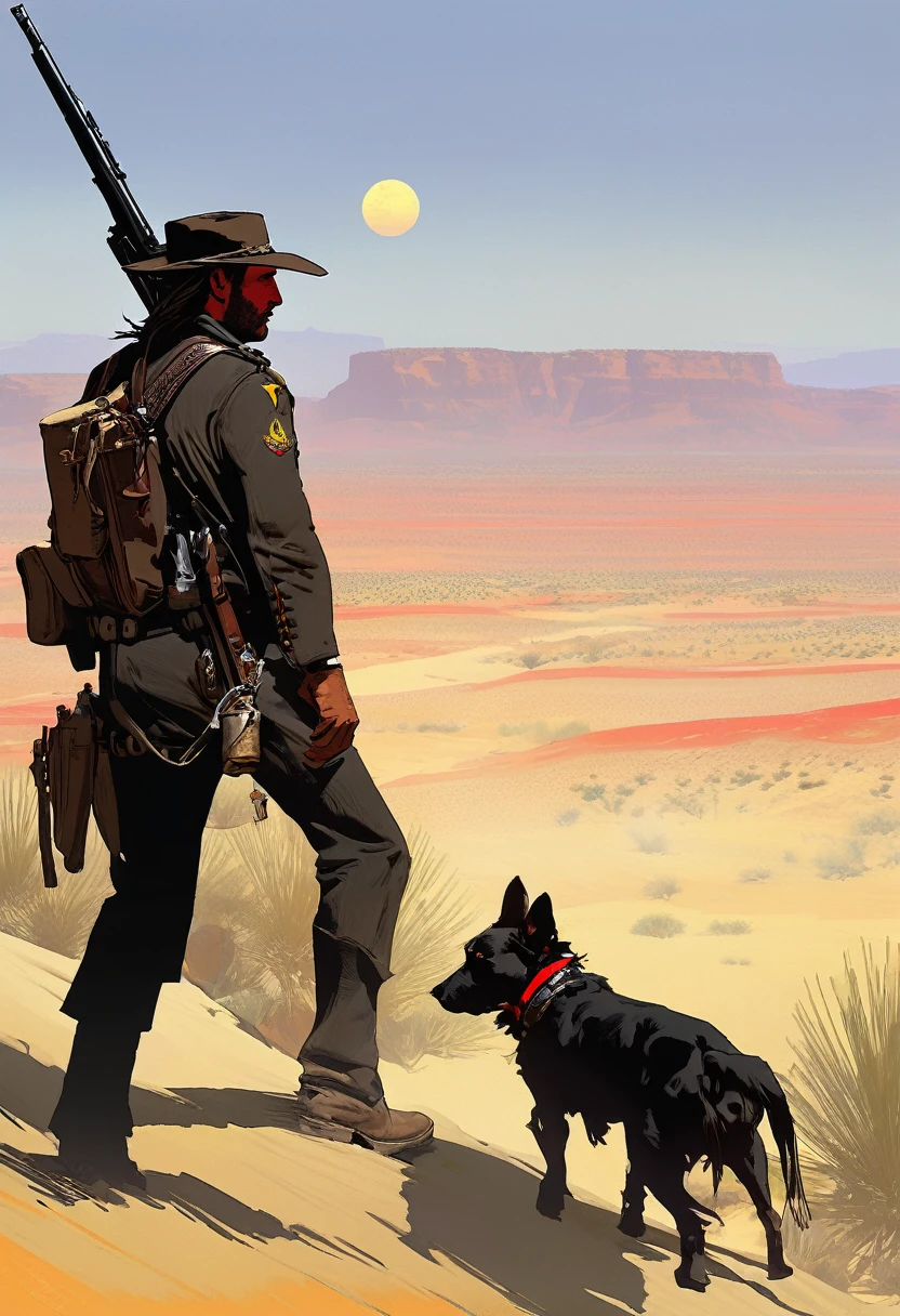 score_9, score_8_up, score_7_up, score_6_up, score_5_up, score_4_up, 1man, Western, Desert, red sun, scorching sun, arid, black clothes, Horizon, far away, Eyes shining, old sniper carabina, Year 1600, Wild West, red dead Redemption 