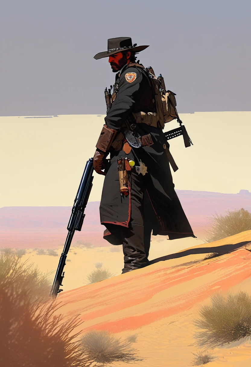 score_9, score_8_up, score_7_up, score_6_up, score_5_up, score_4_up, 1man, Western, Desert, red sun, scorching sun, arid, black clothes, Horizon, far away, Eyes shining, old sniper carabina, Year 1600, Wild West, red dead Redemption 