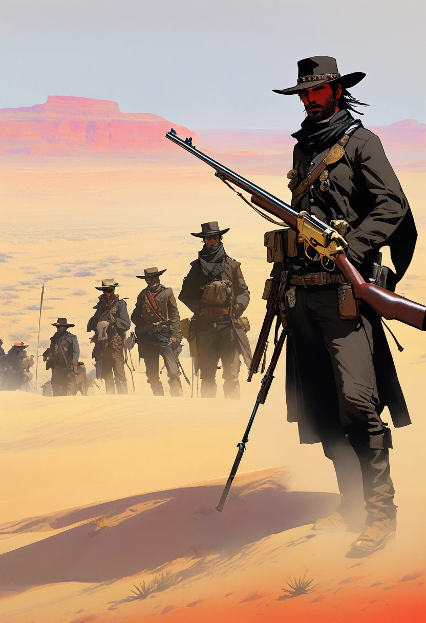 score_9, score_8_up, score_7_up, score_6_up, score_5_up, score_4_up, 1man, Western, Desert, red sun, scorching sun, arid, black clothes, Horizon, far away, Eyes shining, old sniper carabina, Year 1600, Wild West, red dead Redemption 