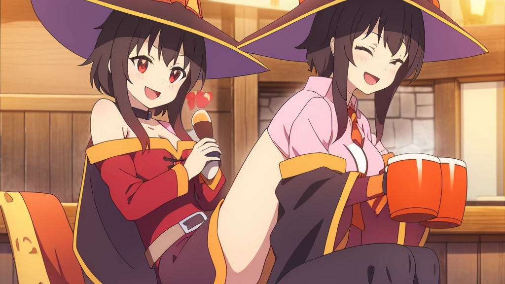 Megumin and Yunyun from the anime "Konosuba" are sitting at the tavern counter, both looking very pleased and smiling happily. Megumin is wearing her usual outfit, which consists of a black cloak, red robe, orange boots, and a black wizard's hat. She has shoulder-length dark brown hair and strange dark crimson eyes. The two girls are holding large wooden mugs filled with foamy beer.