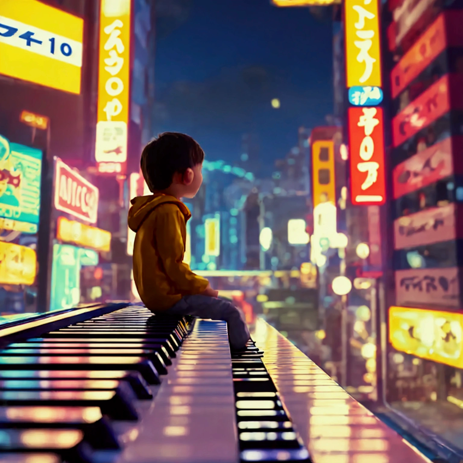 a young boy sitting on a flying eletric keyboard, 1970s tokyo cityscape, frutiger aero font aesthetic, highly detailed, photorealistic, cinematic, dramatic lighting, vibrant colors, award winning 3d art