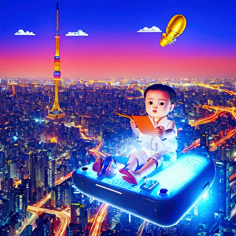 a young boy sitting on a flying eletric keyboard, 1970s tokyo cityscape, frutiger aero font aesthetic, highly detailed, photorealistic, cinematic, dramatic lighting, vibrant colors, award winning 3d art