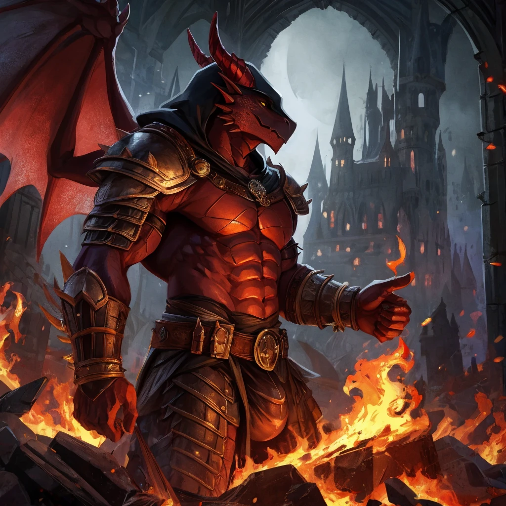 large attractive muscular male anthro dark red dragon Massive, extremely muscular, big scaled male pectorals, looks protective and possessive, seductive, sexy, wearing spiky armor, large muscles, yellow dragon eyes, dragon wings, red horns pointing backwards with spiked scales, big bulge, Black cape with Viking runes, two red metal shoulder pads with straps on the elbows, red metal bracelets with gold decorations on the wrists, with a hood covering his face, sideview alone, in a dark midnight, medieval ,destroyed castle in flames, fog, midnight dark ambient