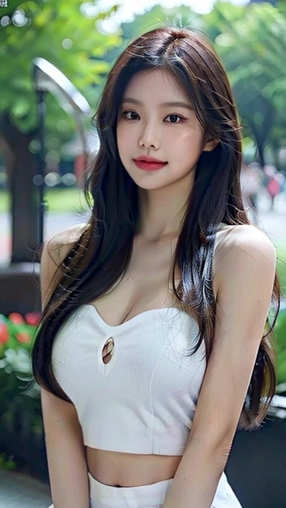 8K, masterpiece, raw photo, best quality, realistic, extremely detailed CG unity 8K wallpaper, depth of field, cinematic light, lens flare, ray tracing, (very beautiful face, beautiful lips, beautiful eyes), Face with intricate details, ((highly detailed skin)), best quality, masterpiece, ultra high resolution, (realistic photo:1.5), Original image, 1 woman, crop top, shorts,smooth, long legs, sexy look, pretty ,Smile faintly, long hair, full body shot, big bust, divided, six pack abs, Morning in the city park.