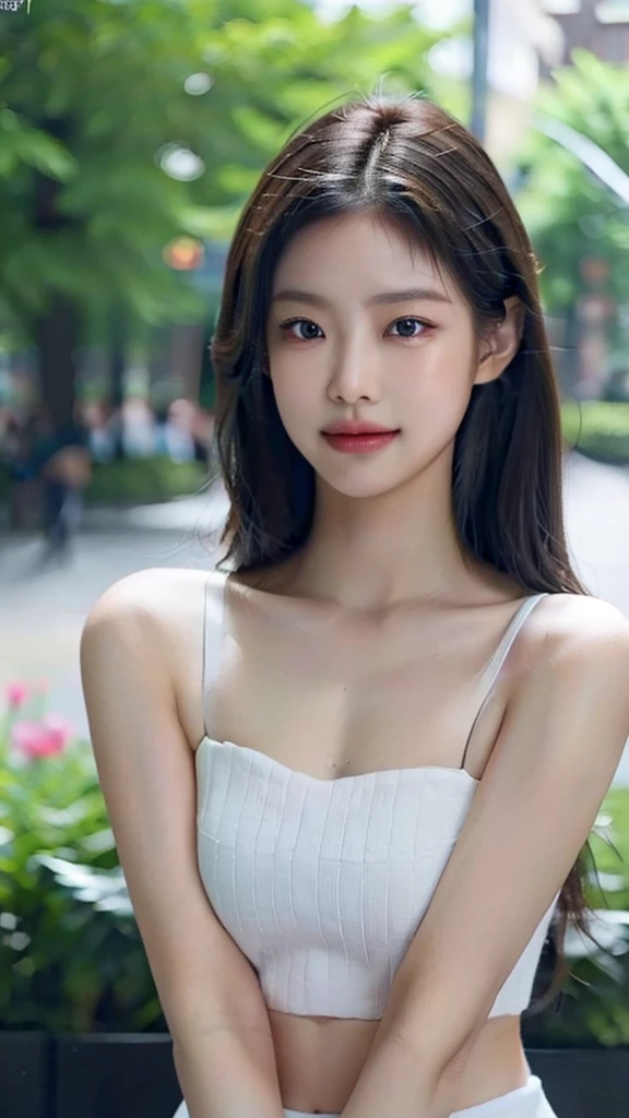 8K, masterpiece, raw photo, best quality, realistic, extremely detailed CG unity 8K wallpaper, depth of field, cinematic light, lens flare, ray tracing, (very beautiful face, beautiful lips, beautiful eyes), Face with intricate details, ((highly detailed skin)), best quality, masterpiece, ultra high resolution, (realistic photo:1.5), Original image, 1 woman, crop top, shorts,smooth, long legs, sexy look, pretty ,Smile faintly, long hair, full body shot, big bust, divided, six pack abs, Morning in the city park.