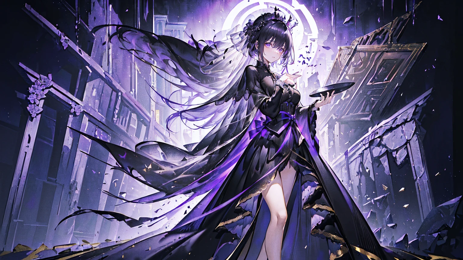 (Super detailed)),((illustration))，((masterpiece)),(((need))),((fine、Highest quality CG Unity 8K wallpapers，masterpiece），（（4K，masterpiece，best quality）），Black hair queen，Waist-length hair，Royal sister，Sexy，Tall figure，Lilac eyes，Standing upright in a coffin，Mature，Hair Bunch，Hair tied on both sides，Black and gold gauze robe，Black and purple French vintage clothing，Gorgeous pure black cape，Black veil，Purple-white halo，Black and purple high heels，Wearing a crown on the head，Holding a knight&#39;s sword，pyramid，Emitting dim purple light，Brilliant palace，The deep sea is filled with coffins，Mysterious symbols,individual，Full body picture