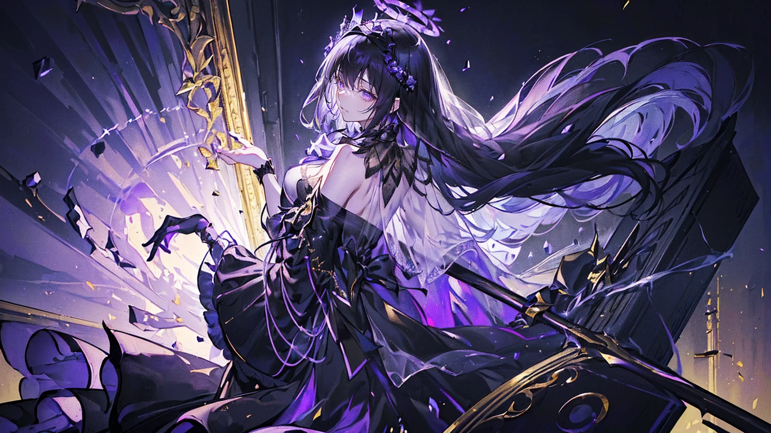 (Super detailed)),((illustration)),((masterpiece)),(((need))),((fine、Highest quality CG Unity 8K wallpapers,masterpiece),((4K,masterpiece,best quality)),Black hair queen,Waist-length hair,Royal sister,Sexy,Tall figure,Lilac eyes,Standing upright in a coffin,Mature,Hair Bunch,Hair tied on both sides,Black and gold gauze robe,Black and purple French vintage clothing,Gorgeous pure black cape,Black veil,Purple-white halo,Black and purple high heels,Wearing a crown on the head,Holding a knight's sword,pyramid,Emitting dim purple light,Brilliant palace,The deep sea is filled with coffins,Mysterious symbols,individual,Full body picture