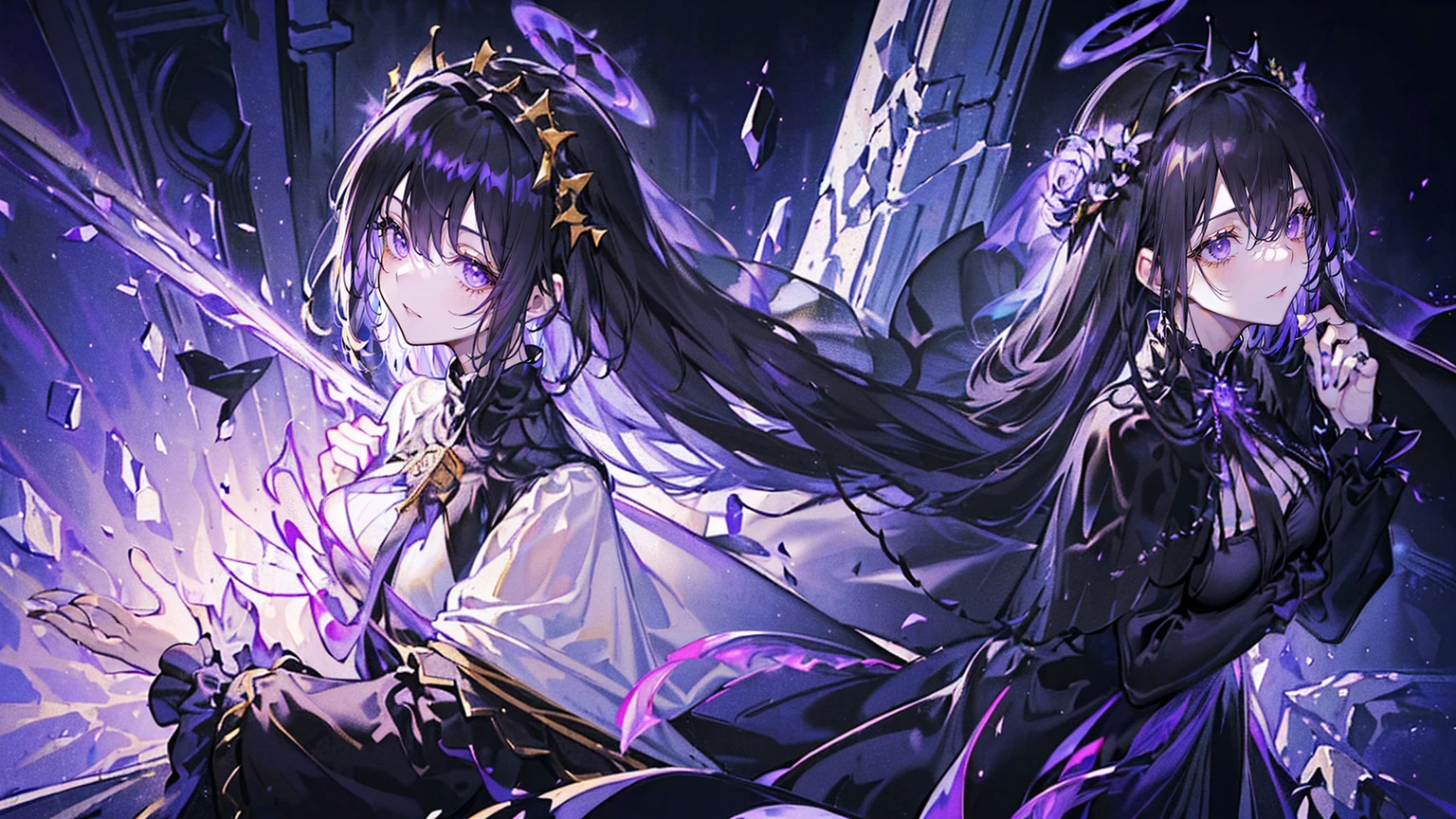(Super detailed)),((illustration)),((masterpiece)),(((need))),((fine、Highest quality CG Unity 8K wallpapers,masterpiece),((4K,masterpiece,best quality)),Black hair queen,Waist-length hair,Royal sister,Sexy,Tall figure,Lilac eyes,Standing upright in a coffin,Mature,Hair Bunch,Hair tied on both sides,Black and gold gauze robe,Black and purple French vintage clothing,Gorgeous pure black cape,Black veil,Purple-white halo,Black and purple high heels,Wearing a crown on the head,Holding a knight's sword,pyramid,Emitting dim purple light,Brilliant palace,The deep sea is filled with coffins,Mysterious symbols,individual,Full body picture