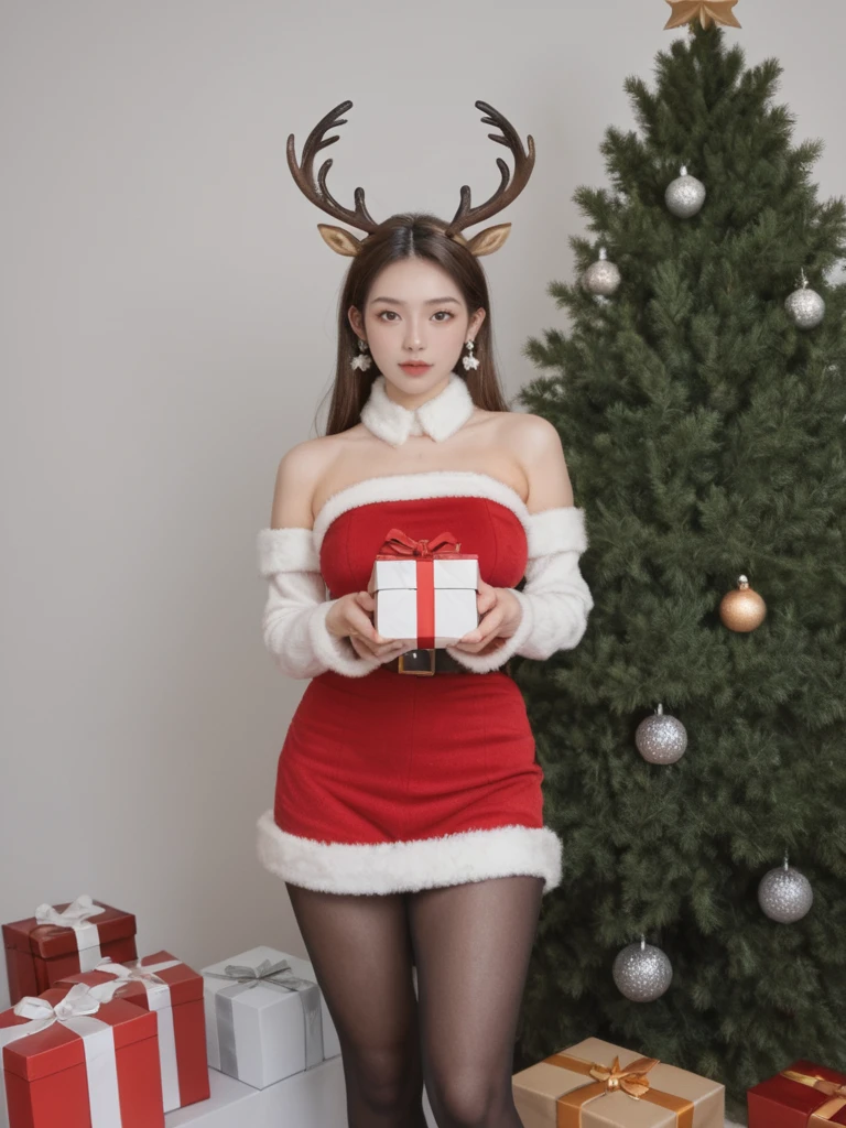 realistic,score_9, score_8_up, score_7_up, 
Hyperrealism，illumination， 1girl, stand, cowboy_shot,  pantyhose, simple background,  big breasts,  from front,Elk antlers，Christmas costume, earrings，Christmas tree，Christmas gift，holding Christmas gift