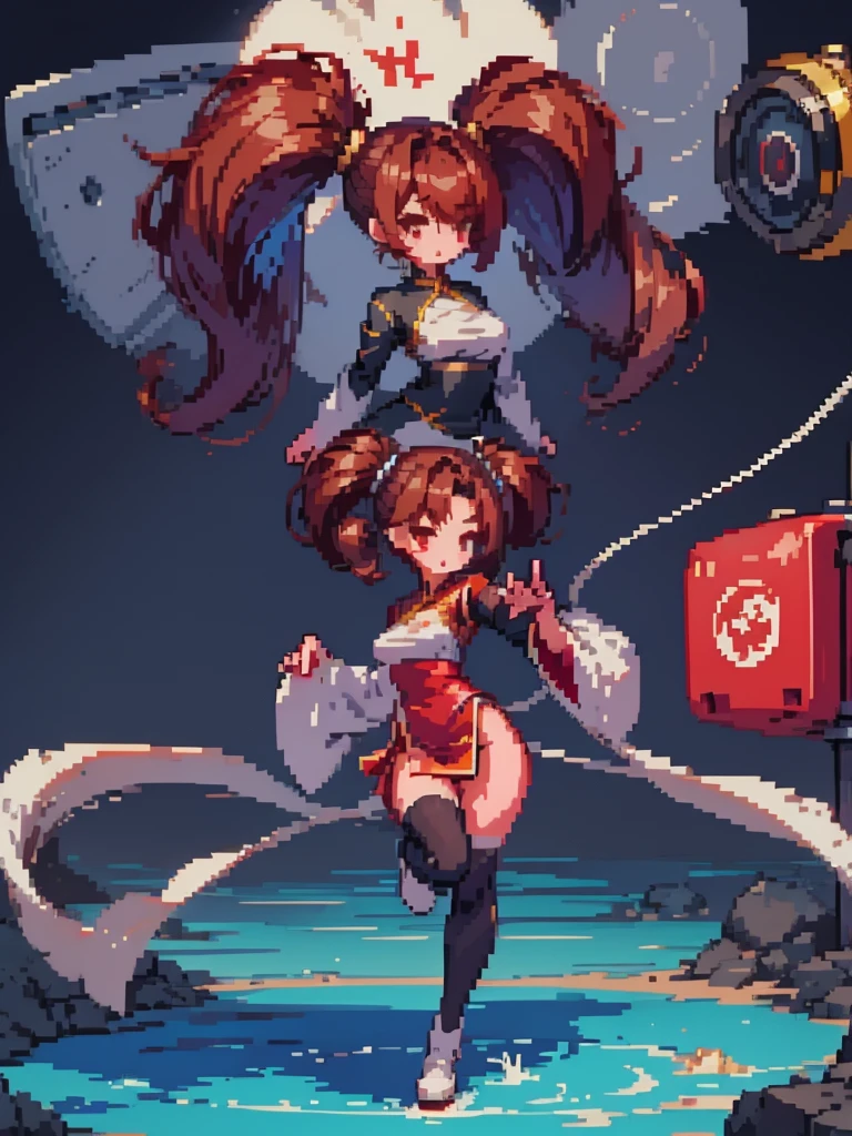 masterpiece, Highest quality, 8K, Pixel Art, ((One woman)), whole body, fine, fineな顔, {{Chinese clothing, red, mini, Tai Chi Pattern}}Chinese clothing, Brown Hair, Ring-shaped hair, Twin tails, Roundhouse kick, Genocide Cutter, legs raised high, kick trajectory, effect, 炎のeffect, 派手なeffect