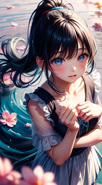 (masterpiece、), (Highest quality), (Super detailed),(Disheveled Hair),(figure、、),(cute)、 (1 Girl), (Fashionable clothes), Are standing, Fashion Model, Show Viewer, (interview), (Simple Background),Beautiful attention to detail, Delicate and beautiful face, floating,(High saturation),(Colorful splashes),Colorful Bubbles,(Shiny,), Focus on the face, ponytail, kamisato ayaka, Light blue hair, bangs, Hair Ring, Floating Flowers, Floating hair, (Shiny,), Best lighting, Best Shadow,tears