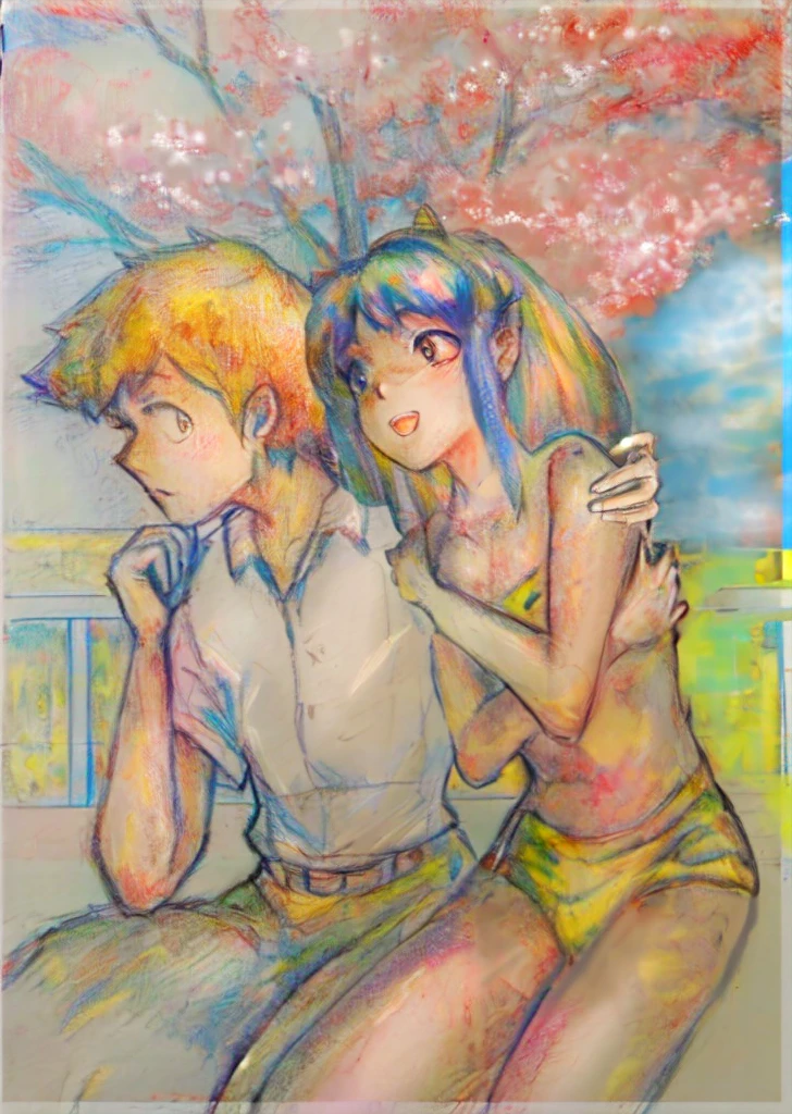 Painting of two couples sitting on a bench with trees in the background, Jamie Hewlett and Ayami Kojima, Frank Franzeta and Sakimi-chan, drawn by Anime Painter Studio, Yukika Kamisaka, Shingei, Nobutada Yanagawa, 90s anime art style, Japanese anime style, vintage colors in anime, Lum and Ataru from Urusei Yatsura
