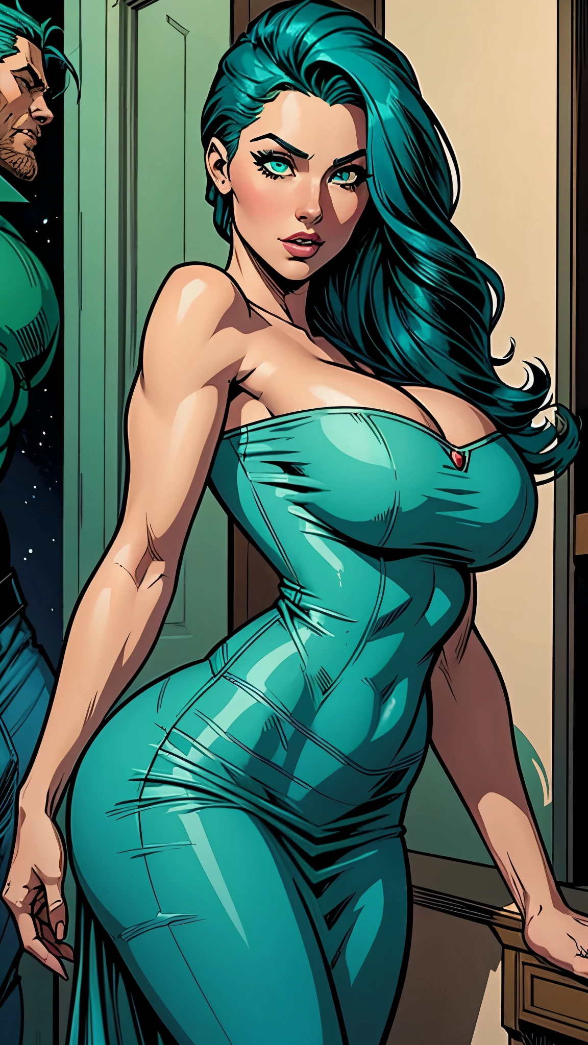 beautiful,eyes green,blue hair,mint elegant dress,jeans. female,1girl, busty. Voluptuos. Comic style. Marvel comics.