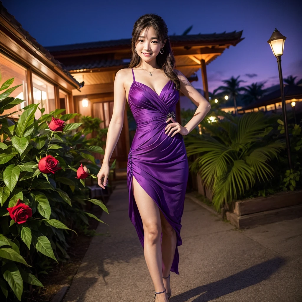 Wearing a purple dress、A woman enjoying vacation at a tropical resort at night。With a red rose in my hand。