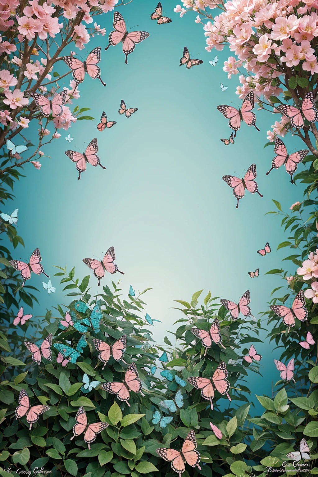 Secret garden illustration with pink and aqua green background with butterflies and birds