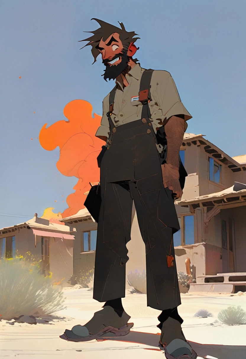 score_9, score_8_up, score_7_up, score_6_up, score_5_up, score_4_up, 2man, Western, Desert, red sun, scorching sun, arid, Horizon, far away, black wavy Messy hair, burnt hair, Leather apron, White button-down shirt, black pants patched, Failed beard, young adult, Thin, full body, Holding a Dynamite bomb, outside a house in the desert, Dirty with soot, Laughing, explosives, dynamite, Hunchback, Poorly groomed beard, failed beard, Fire, Embers, ashes, cartoon, Having fun, crazy, Guffaw 