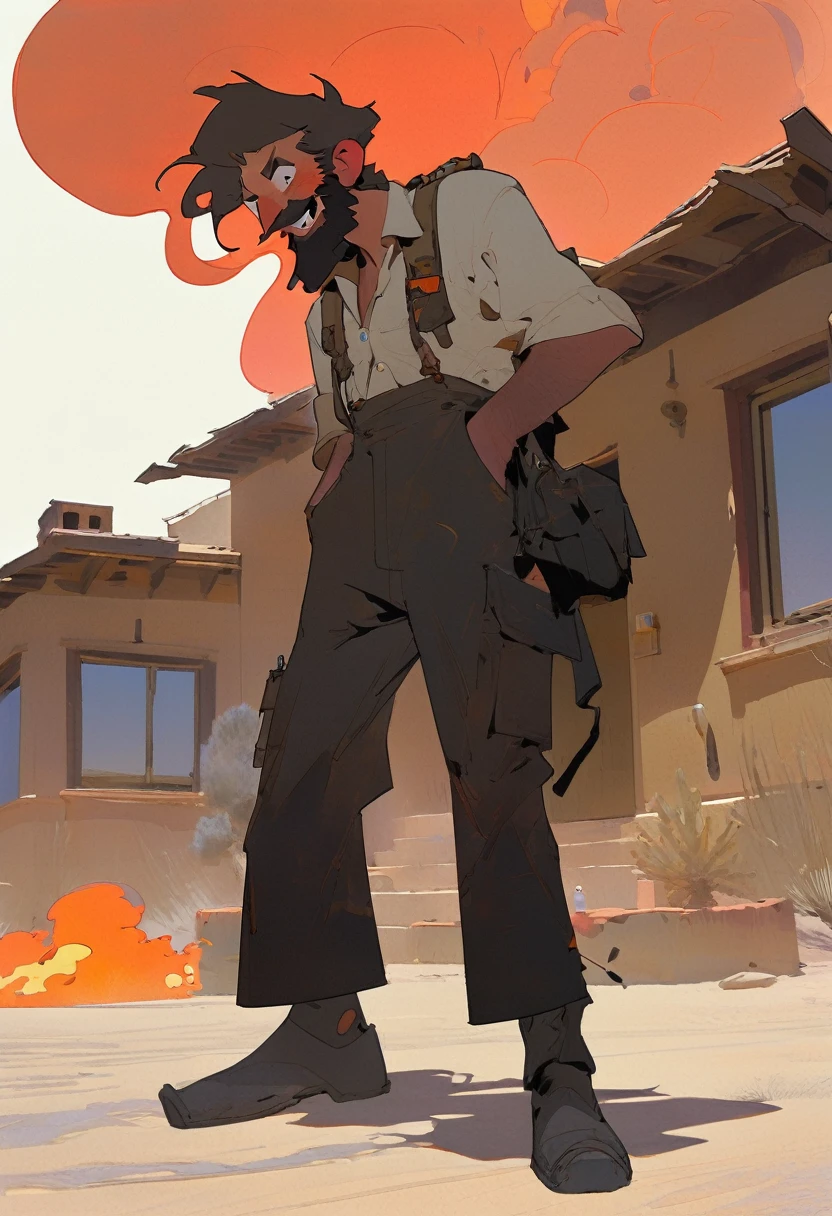 score_9, score_8_up, score_7_up, score_6_up, score_5_up, score_4_up, 2man, Western, Desert, red sun, scorching sun, arid, Horizon, far away, black wavy Messy hair, burnt hair, Leather apron, White button-down shirt, black pants patched, Failed beard, young adult, Thin, full body, Holding a Dynamite bomb, outside a house in the desert, Dirty with soot, Laughing, explosives, dynamite, Hunchback, Poorly groomed beard, failed beard, Fire, Embers, ashes, cartoon, Having fun, crazy, Guffaw